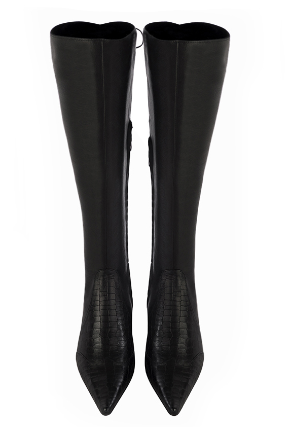 Satin black women's knee-high boots, with laces at the back. Pointed toe. Low flare heels. Made to measure. Top view - Florence KOOIJMAN